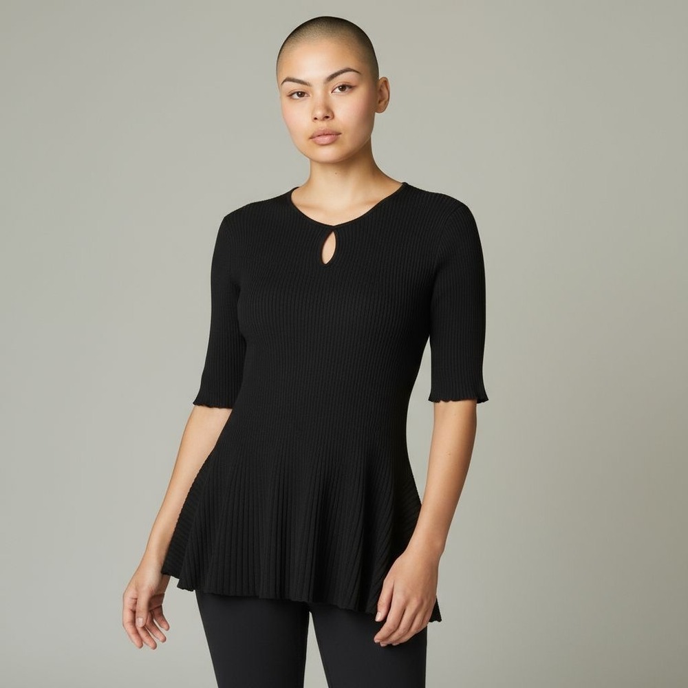 NWT Chelsea & Theodore Black Ribbed Peplum Keyhole Top L Dark Academia Minimal